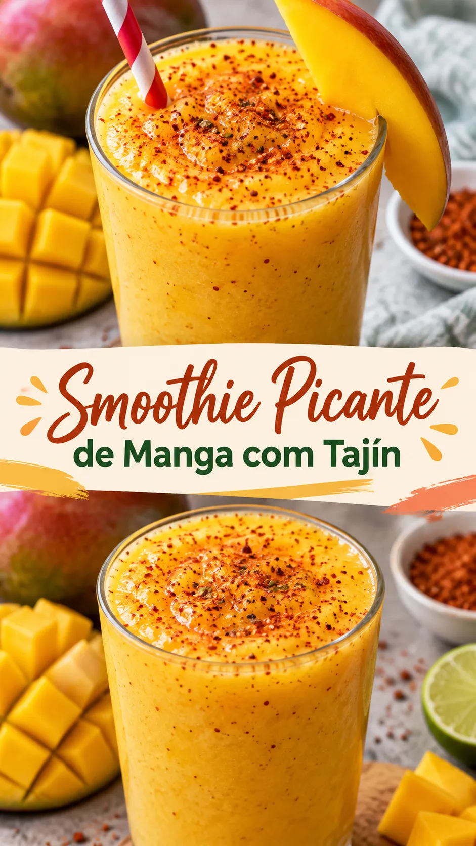 Imagem para o Pinterest com o título “Smoothie Picante de Manga com Tajín” e duas fotos da receita