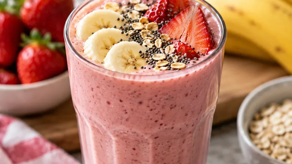 Foto de smoothie Proteico de Morango e Banana pronto para servir