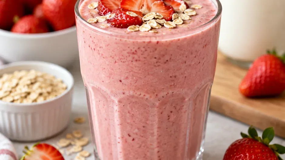 Foto de smoothie Saudável de Morango e Aveia para o Café da Manhã pronto para servir