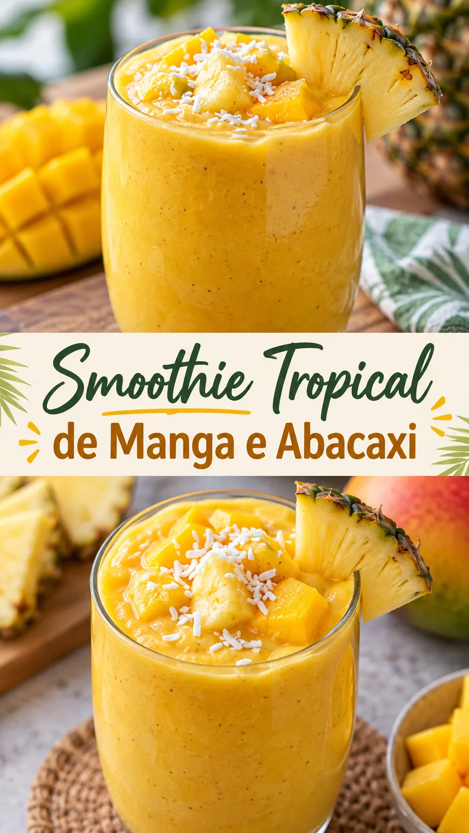 Imagem para o Pinterest com o título “Smoothie Tropical de Manga e Abacaxi” e duas fotos da receita