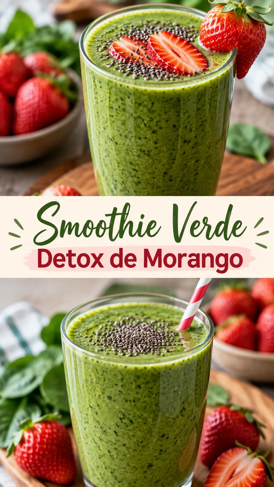 Imagem para o Pinterest com o título “Smoothie Verde Detox de Morango” e duas fotos da receita