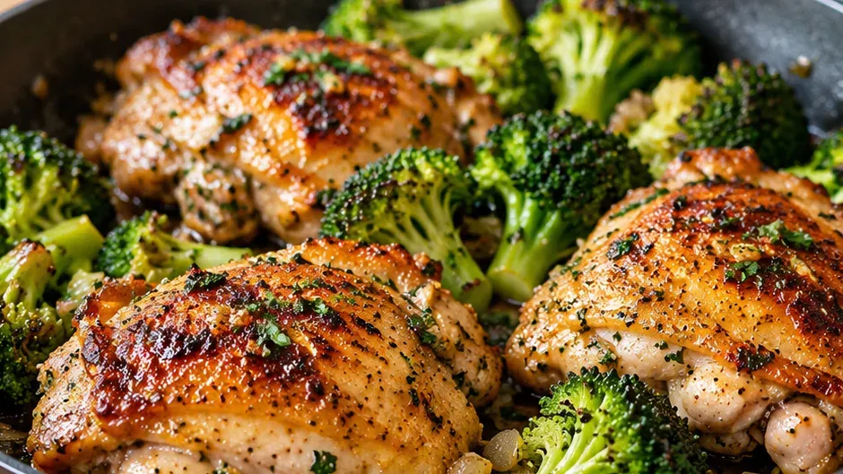 Foto de sobrecoxa de Frango na Frigideira com Brócolis pronto para servir