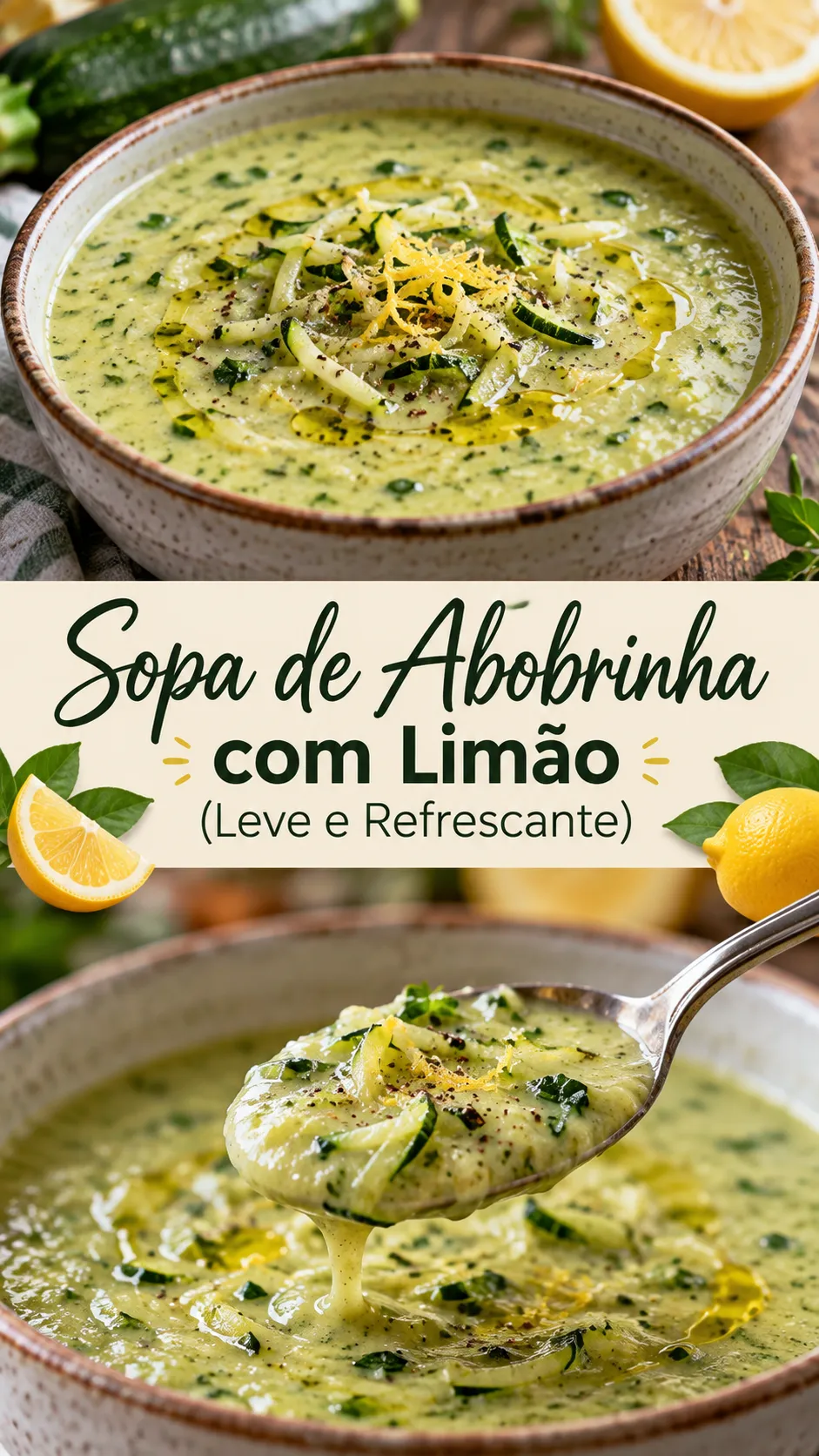 Imagem para o Pinterest com o título “Sopa de Abobrinha com Limão (Leve e Refrescante)” e duas fotos da receita