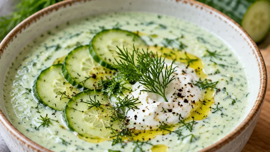 Foto de sopa Fria de Pepino, Endro e Iogurte pronto para servir