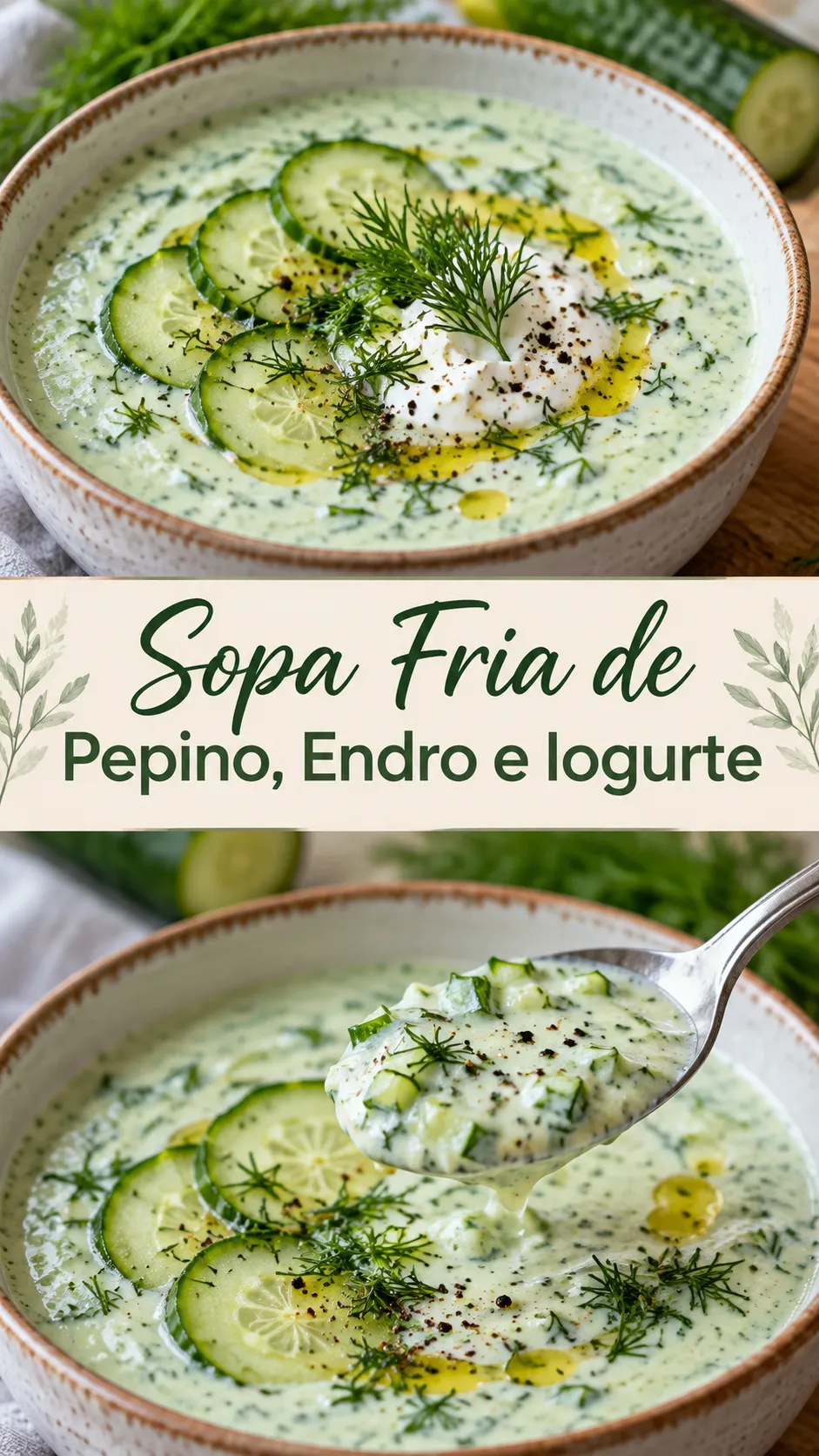 Imagem para o Pinterest com o título “Sopa Fria de Pepino, Endro e Iogurte” e duas fotos da receita