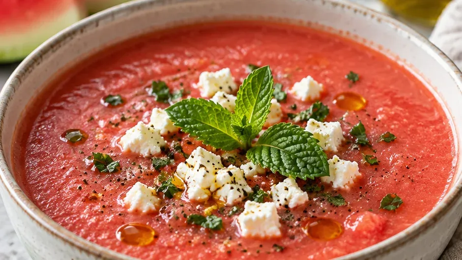 Foto de sopa Gelada de Melancia com Feta e Hortelã pronto para servir