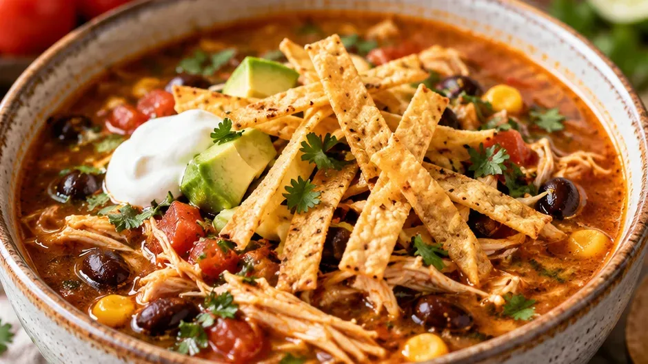 Foto de sopa Mexicana de Frango com Tortilha pronto para servir