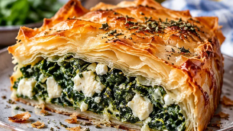 Foto de spanakopita: Torta Grega de Espinafre e Feta pronto para servir