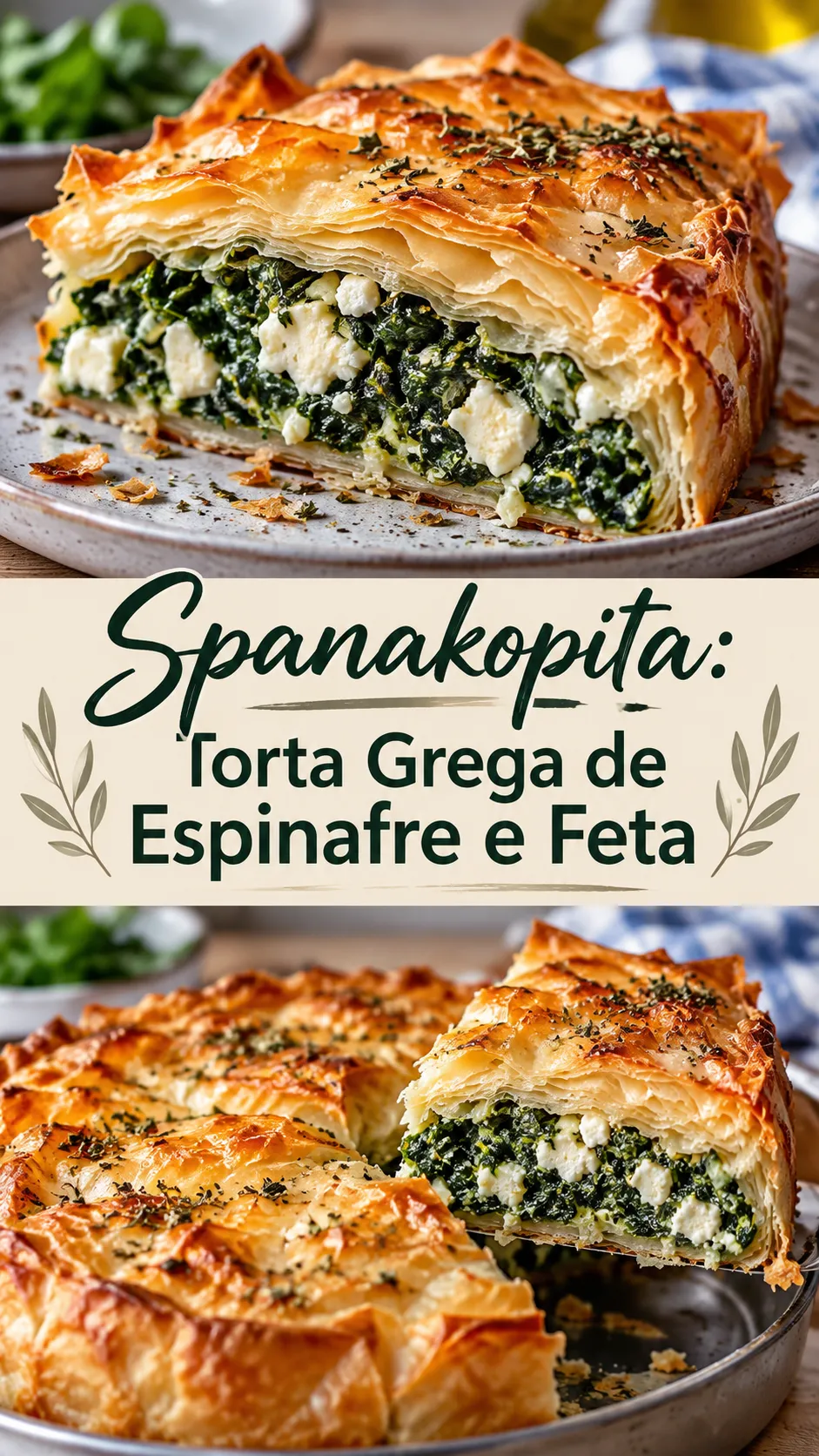 Imagem para o Pinterest com o título “Spanakopita: Torta Grega de Espinafre e Feta” e duas fotos da receita