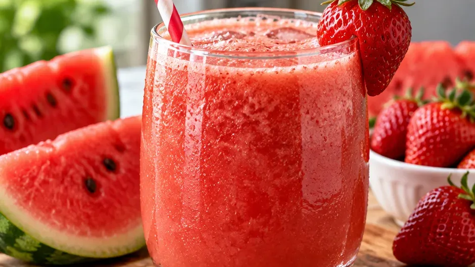 Foto de suco Gelado de Morango e Melancia para o Verão pronto para servir