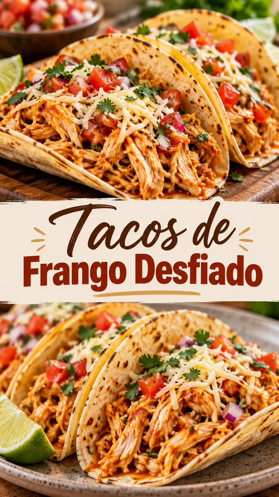 Imagem para o Pinterest com o título “Tacos de Frango Desfiado” e duas fotos da receita