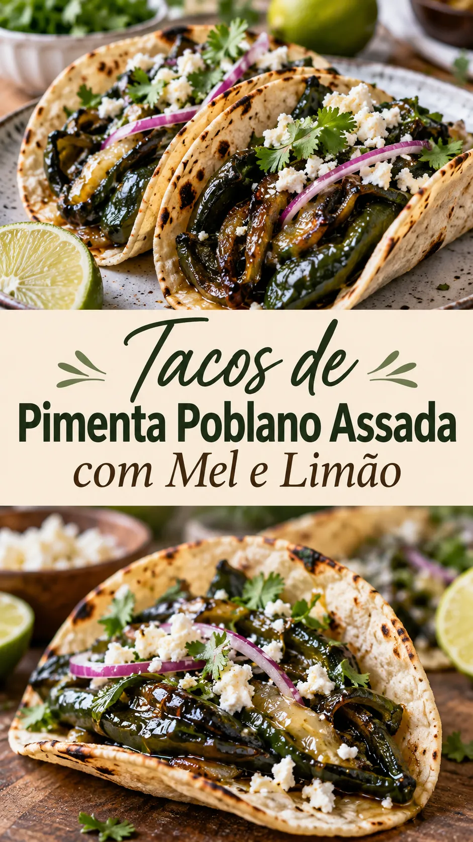 Imagem para o Pinterest com o título “Tacos de Pimenta Poblano Assada com Mel e Limão” e duas fotos da receita