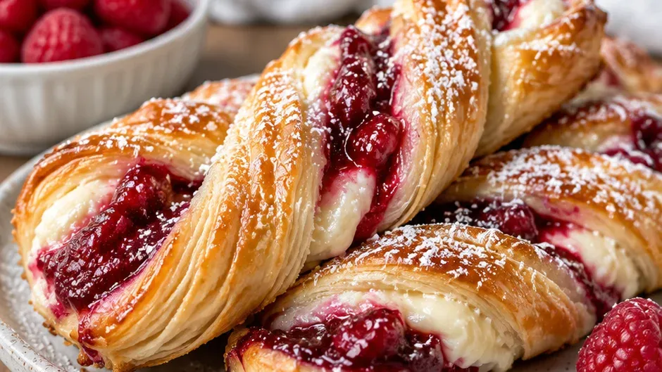 Foto de torcidinhas de Massa Folhada com Framboesa e Cream Cheese pronto para servir