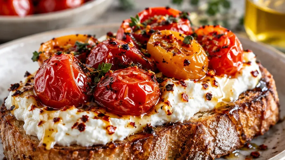 Foto de torrada com Tomate-Cereja Assado, Mel Picante e Feta Batida pronto para servir
