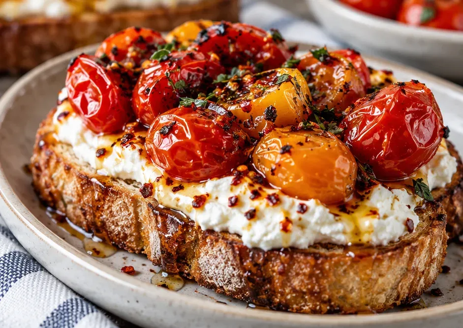 Outra foto de torrada com Tomate-Cereja Assado, Mel Picante e Feta Batida
