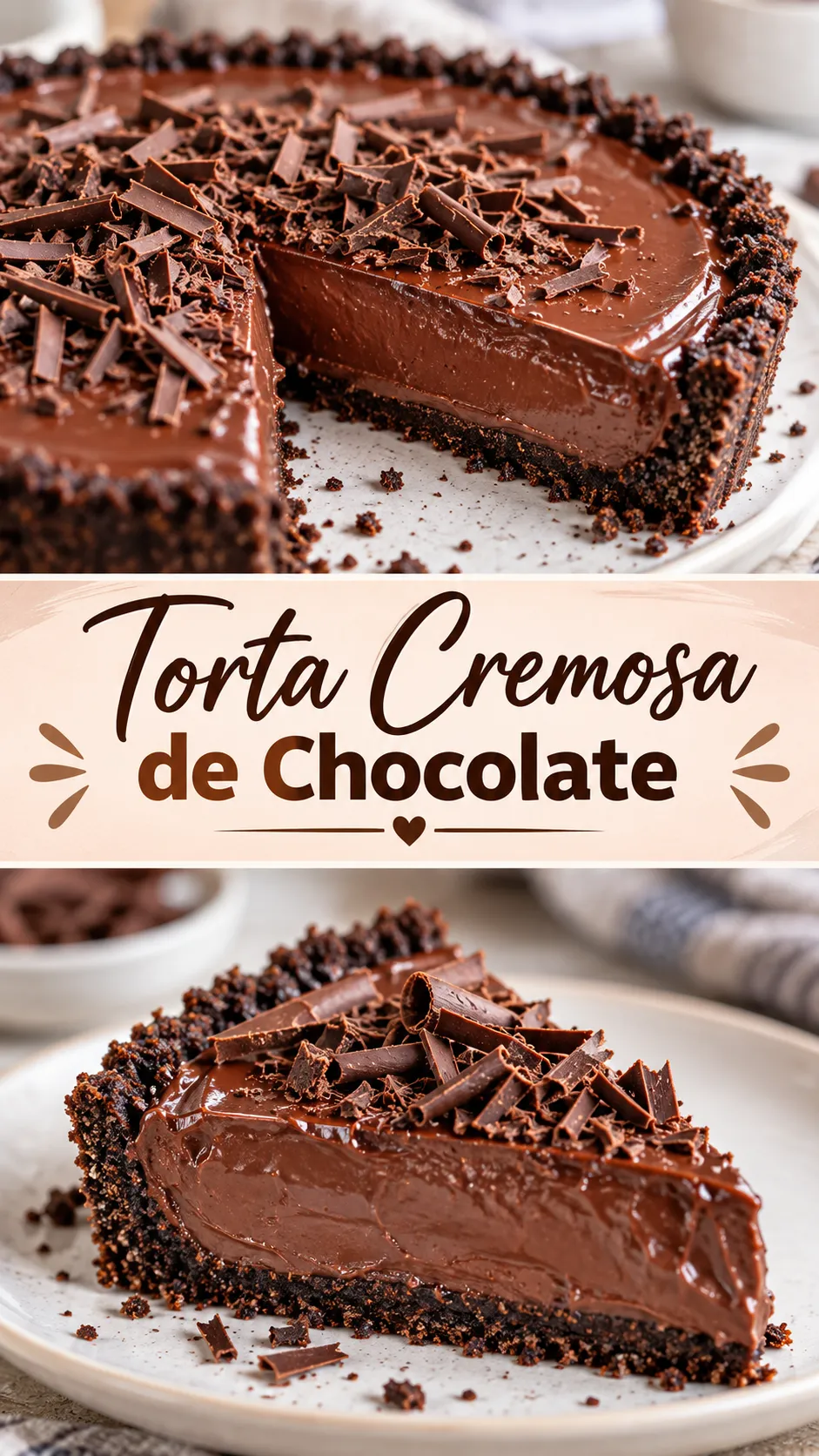 Imagem para o Pinterest com o título “Torta Cremosa de Chocolate” e duas fotos da receita