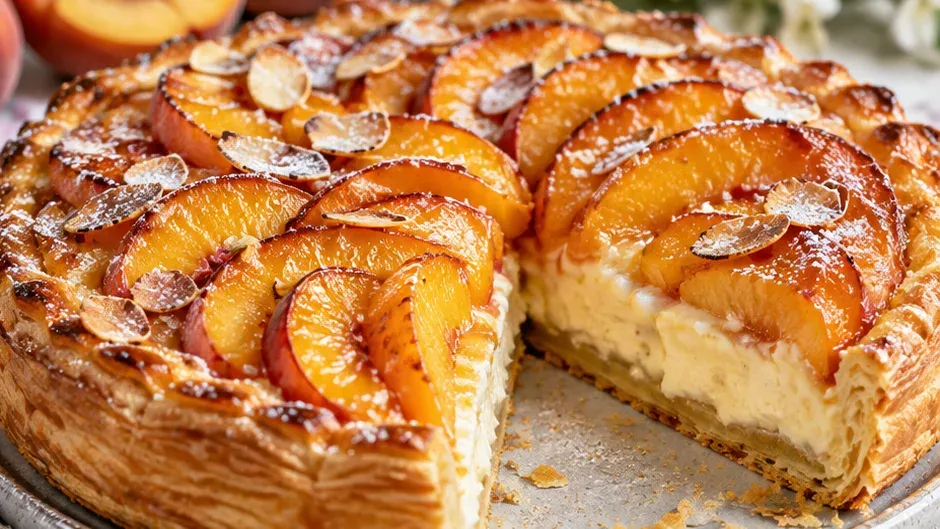 Foto de torta de Massa Folhada com Pêssego e Mascarpone pronto para servir