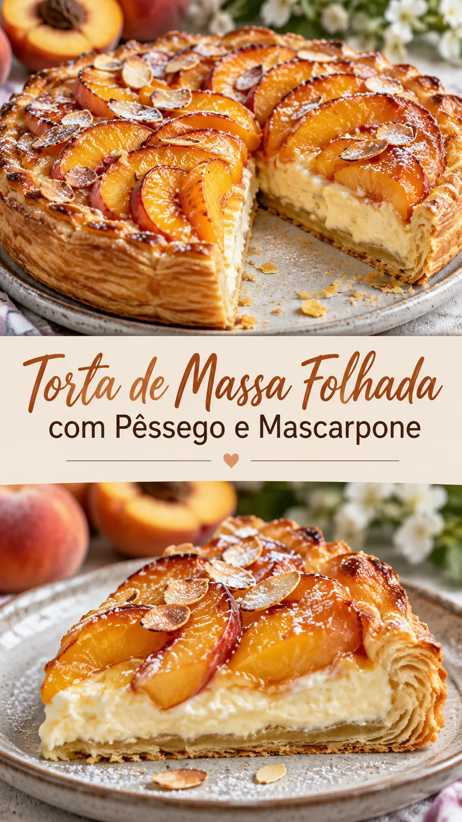 Imagem para o Pinterest com o título “Torta de Massa Folhada com Pêssego e Mascarpone” e duas fotos da receita