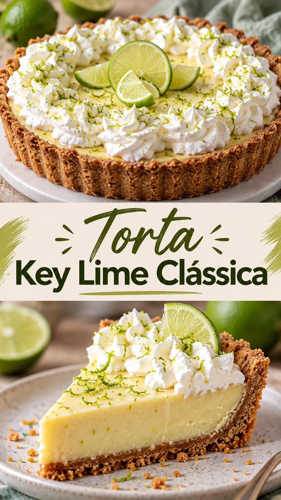 Imagem para o Pinterest com o título “Torta Key Lime Clássica” e duas fotos da receita