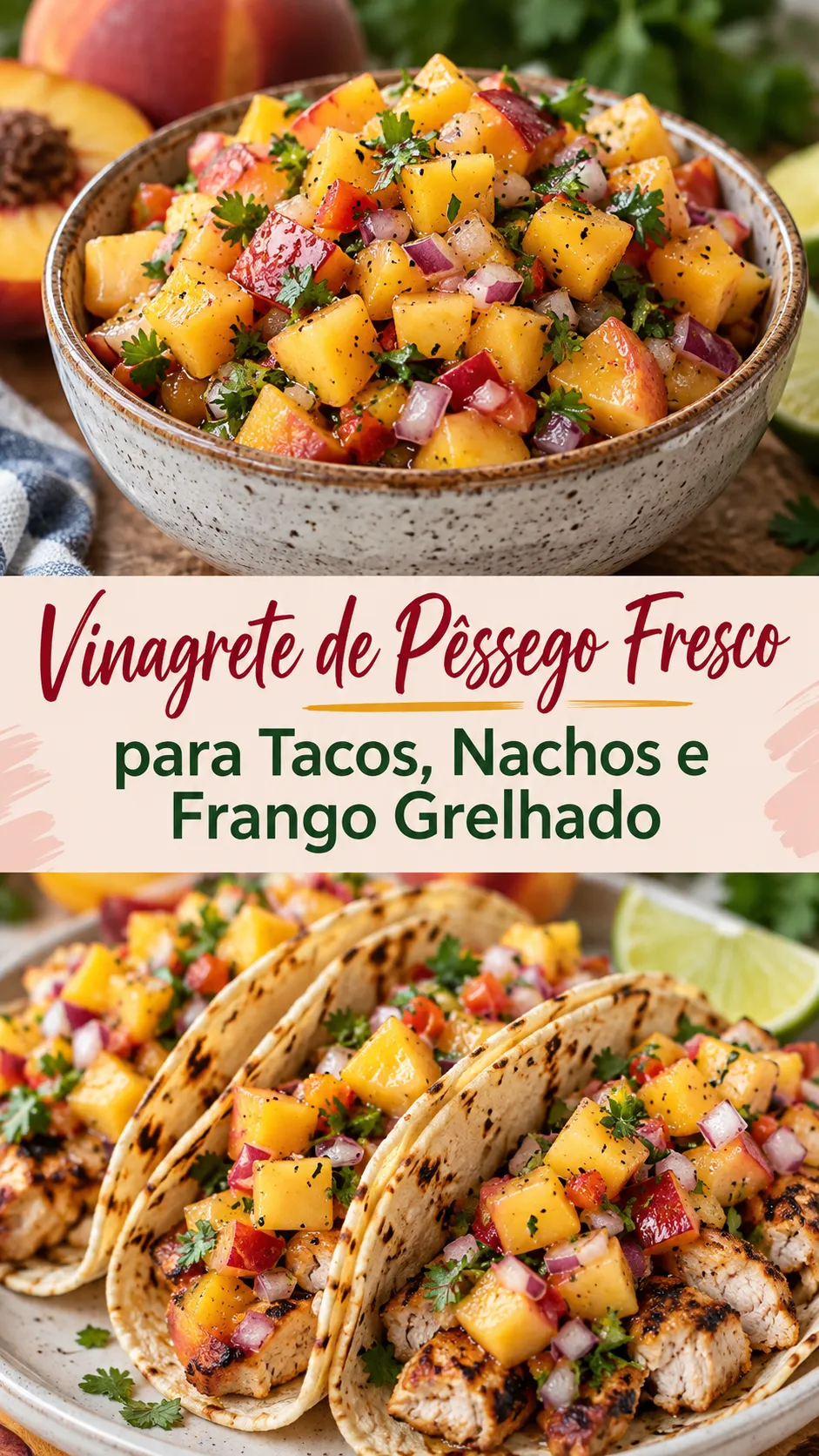 Imagem para o Pinterest com o título “Vinagrete de Pêssego Fresco para Tacos, Nachos e Frango Grelhado” e duas fotos da receita