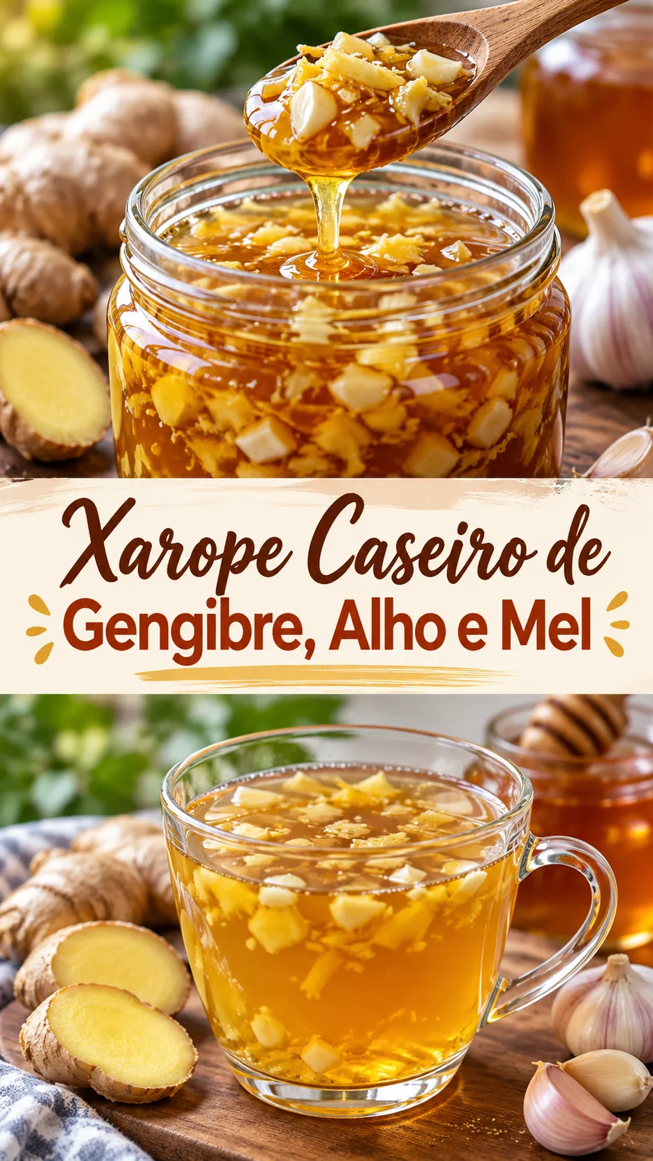 Imagem para o Pinterest com o título “Xarope Caseiro de Gengibre, Alho e Mel” e duas fotos da receita