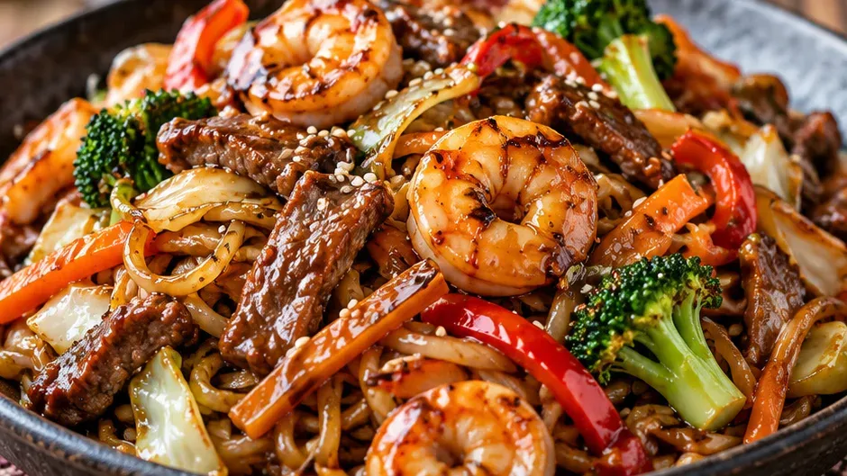 Foto de yakisoba de Carne e Camarão ao Teriyaki pronto para servir